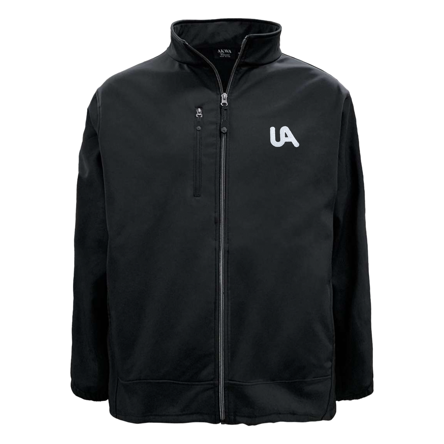 Black jacket with a logo on a white background