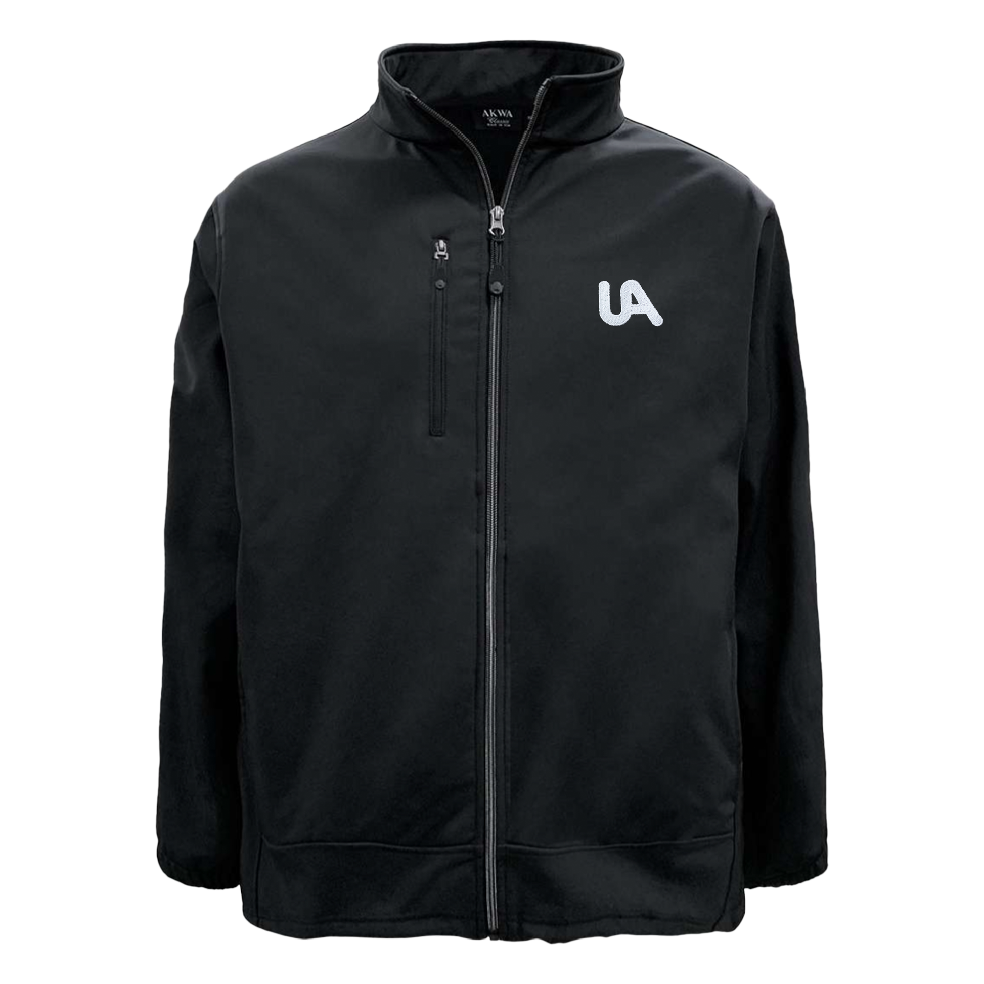 Black jacket with a logo on a white background