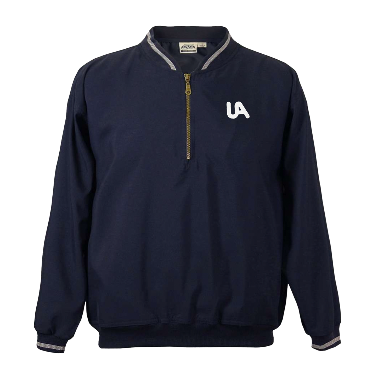 Navy blue quarter-zip wind shirt with white UA logo on the left chest and contrasting trim on collar and cuffs, displayed on a white background.