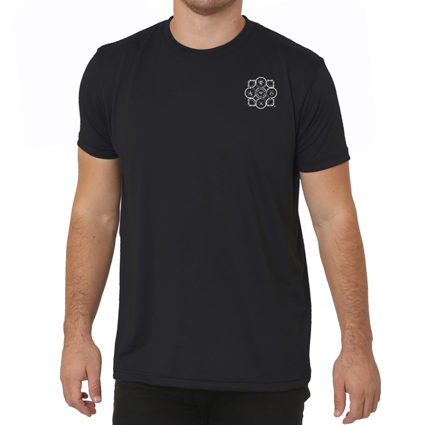 Man wearing a black short sleeve performance tee with a white union emblem on the left chest, shown against a white background.