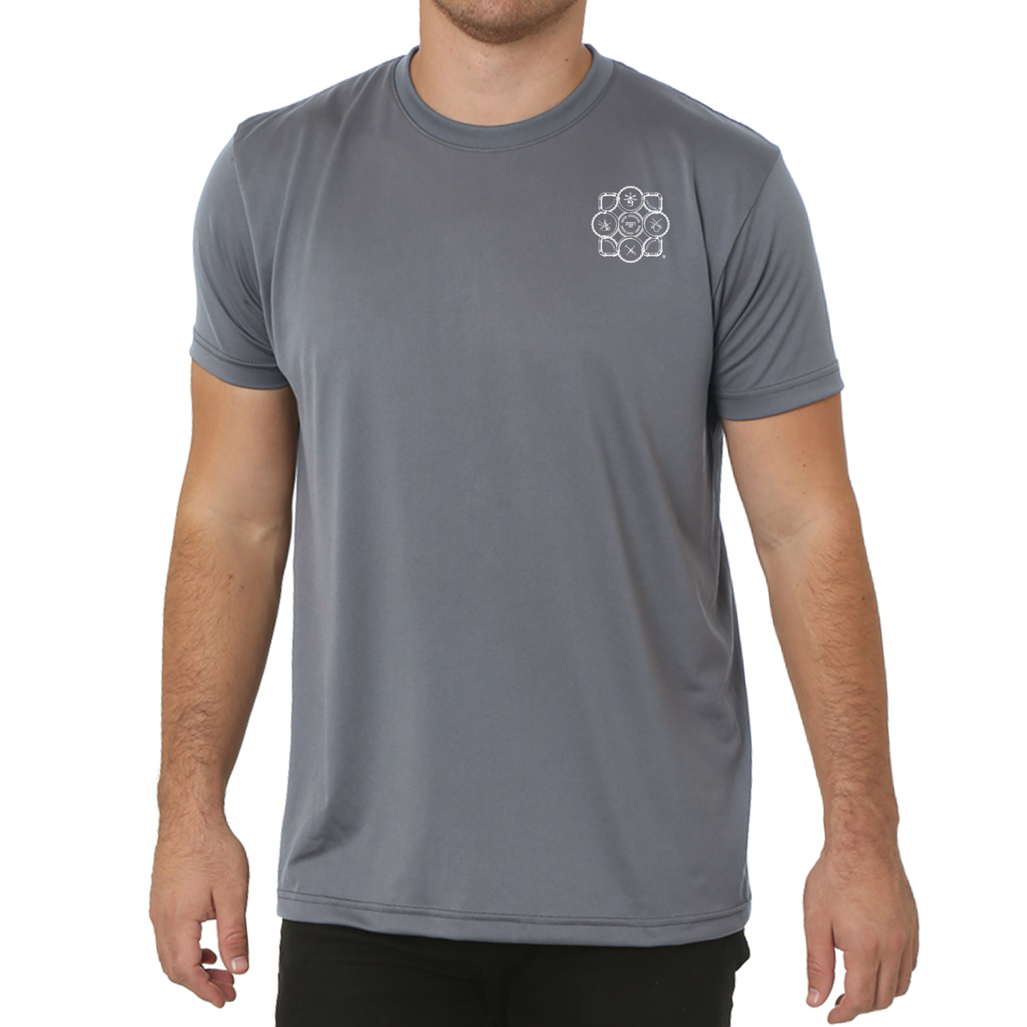 Man wearing a grey short sleeve performance tee with a white union emblem on the left chest, shown against a white background.
