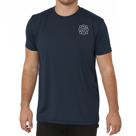 Man wearing a navy blue short sleeve performance tee with a white union emblem on the left chest, shown against a white background.