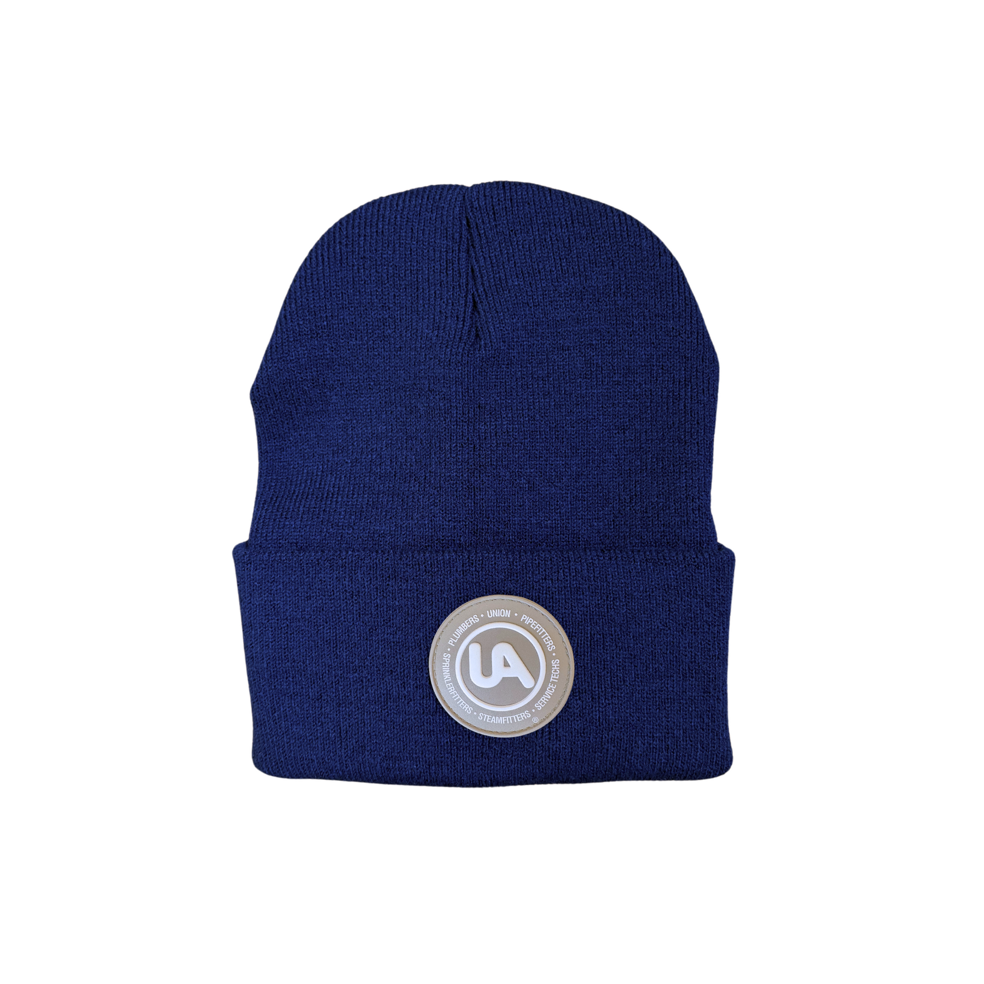 Navy blue knit beanie with a circular UA union patch centered on the cuff, featuring white union trade text and logo.