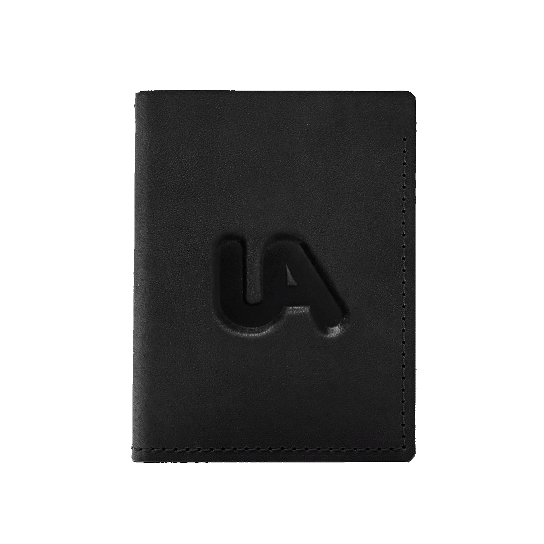 Black leather wallet with a logo on a white background