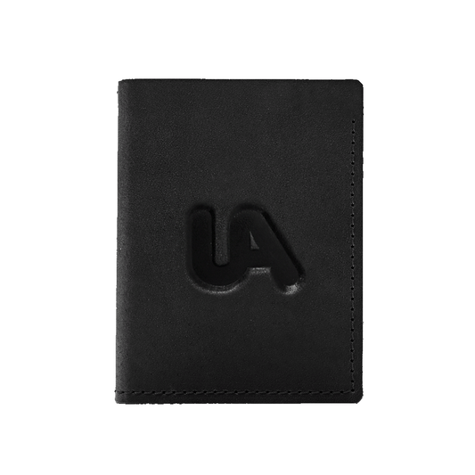 Black leather wallet with a logo on a white background