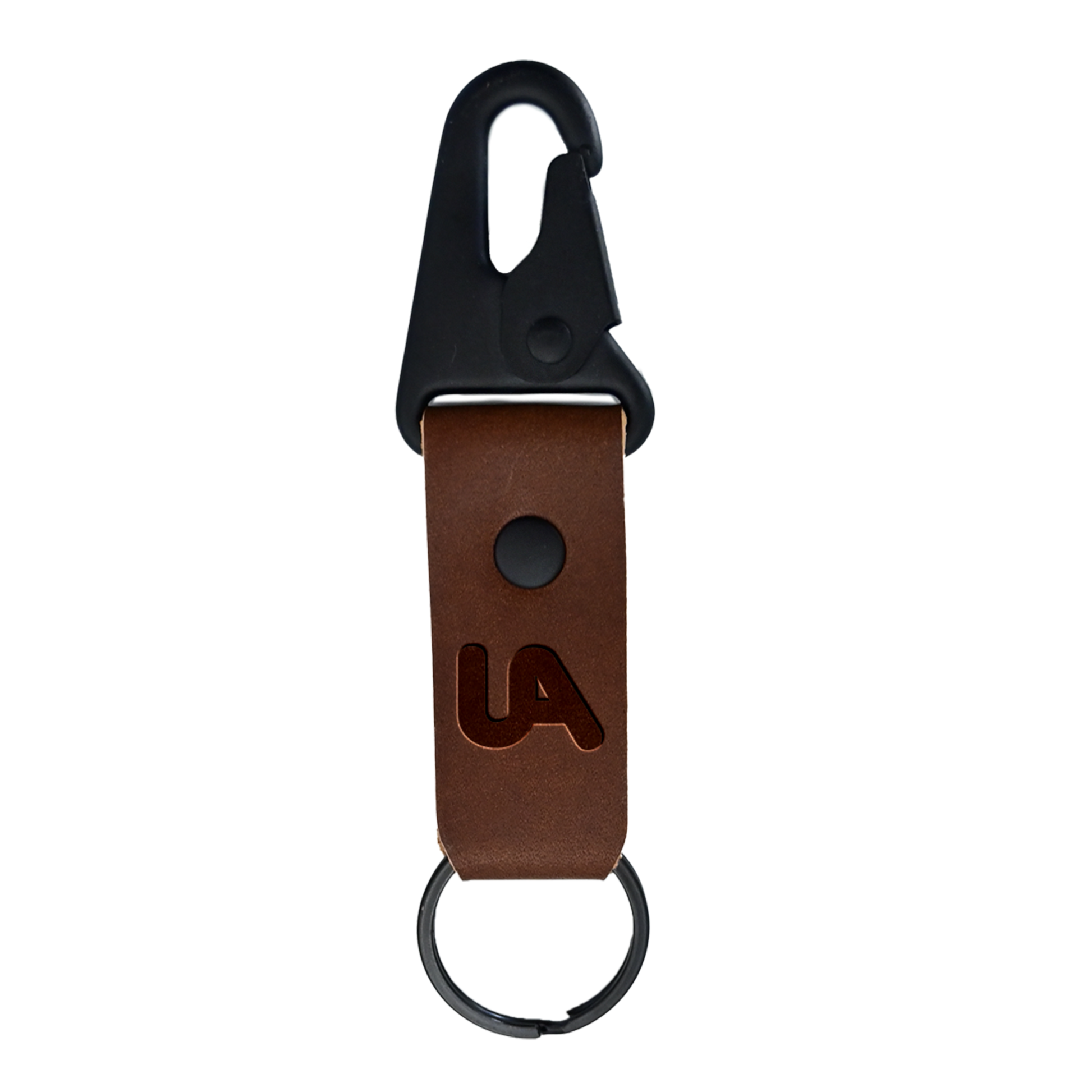 Brown leather tactical keychain with black metal HK clip and embossed UA logo, on a white background.
